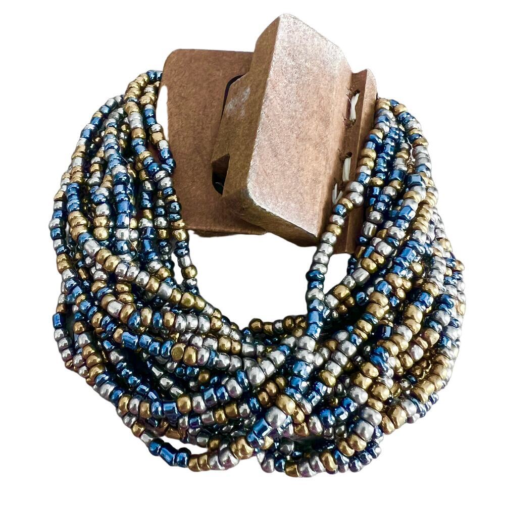 Multicolor twist seed bead multistrand chunky wood clasp funky stretch bracelet
